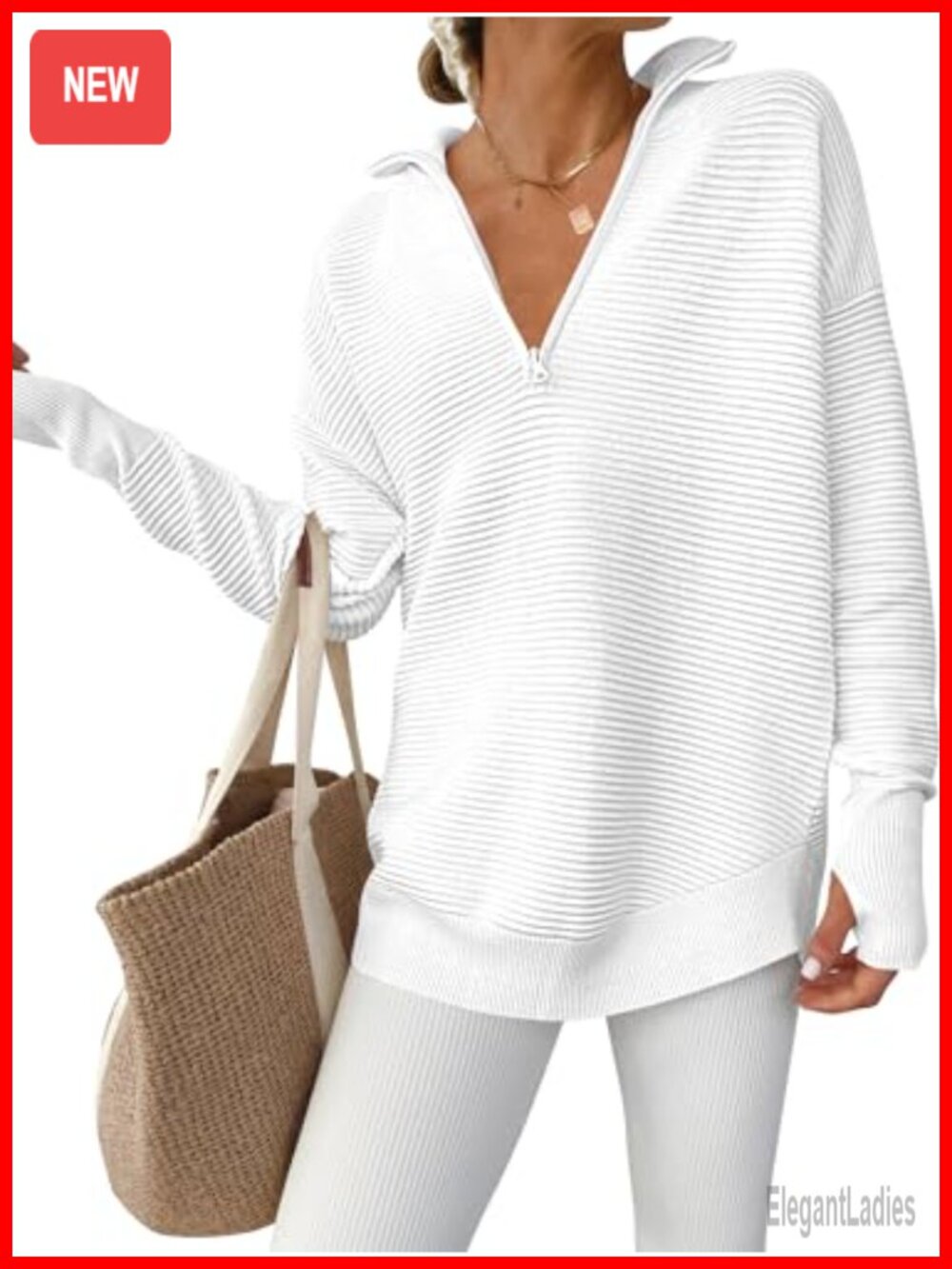 Women's Loose Fit Long Sleeve Quarter Zip Pullover Sweater with Thumb Holes